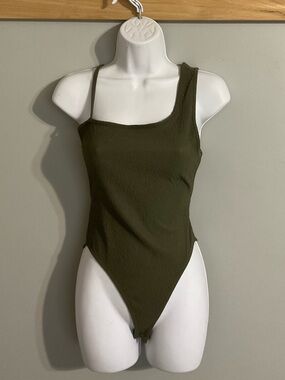 Wild Fable Olive Green Asymmetric Textured One-Piece Bodysuit Small